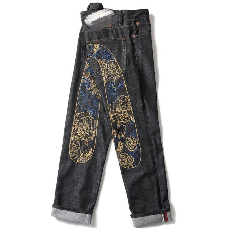 RogueWave New Japanese Hipster Retro Hip-hop Fashion Print Jeans High Street Leisure Slim Straight Embroidery Y2k Print Stitching Trousers