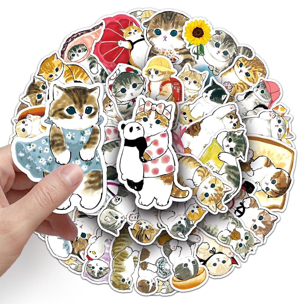 50 Hand-Painted Cute Cartoon Kitten Stickers for Cards, Cups, and Luggage