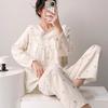Floral cotton yarn pajamas women's spring and autumn long-sleeved trousers loungewear set cute built-in chest pad comfortable pajamas