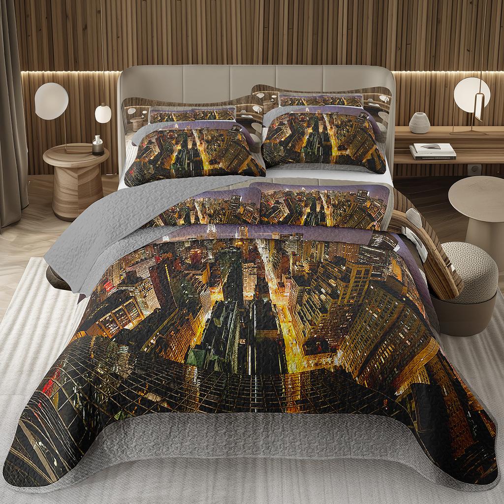 City Landscape Quilted Bedspread Set Cityscape Artwork Queen Bedding Set Colorful River Business District Coverlet For Girls Man