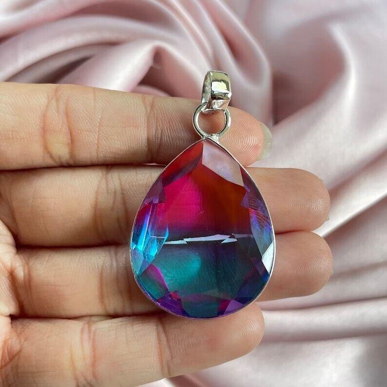 Bicolor Tourmaline Gemstone Silver Pendant With Silver Chain Handmade Pendent