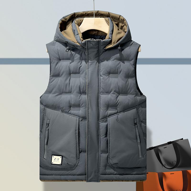 

New Down Cotton Hooded Waistcoat Men s Loose Large Size Warm Men s Winter Sleeveless Jacket Vest L серый