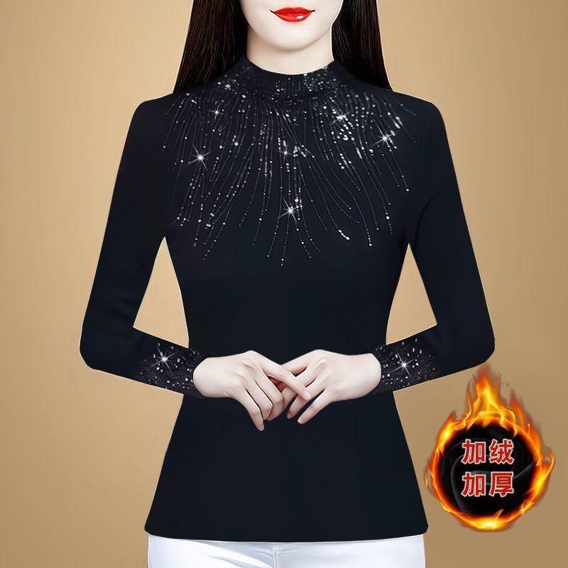 

Новая осенне-зимняя утолщенная базовая рубашка из немецкого бархата для женщин с тонким полувысоким воротником и топом с длинным рукавом, инкрустированным бриллиантами, для женщин M чёрный