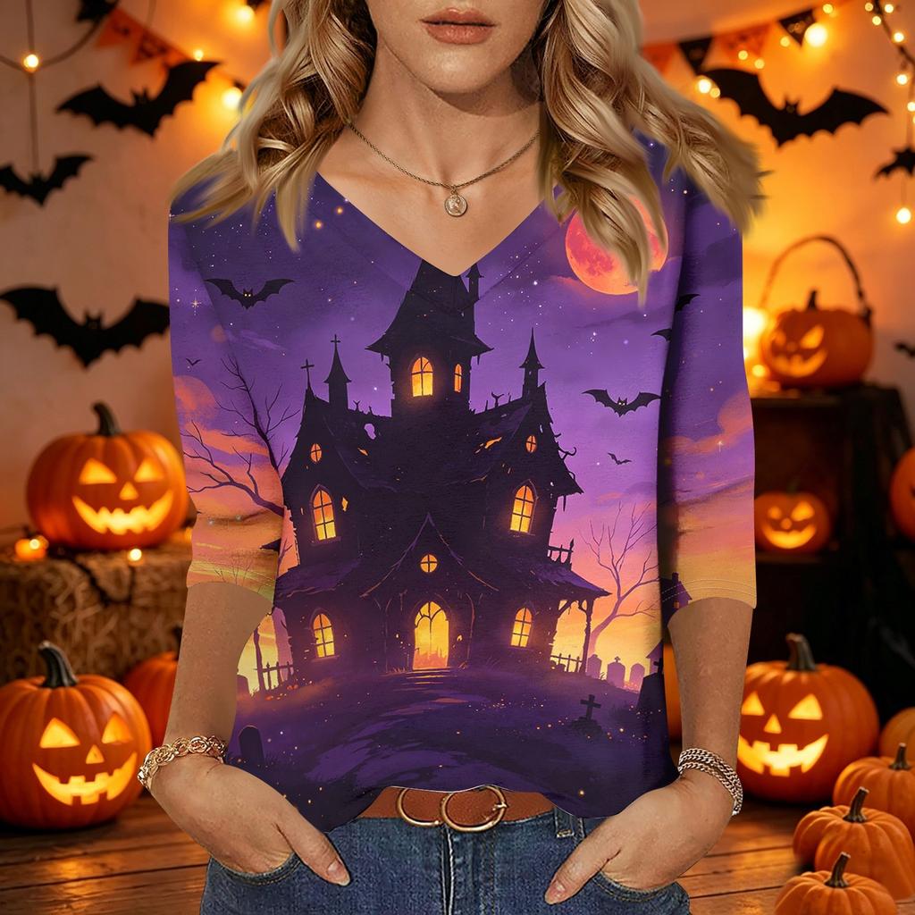 Women's Casual Halloween Printed V Neck Three Quarter Sleeve Top Tie Dye Pumpkin Bat Pattern Lightweight Blouse for Fall