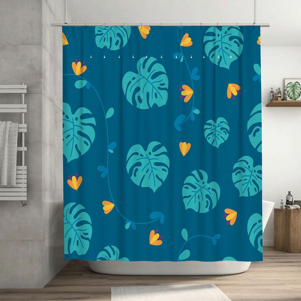 Blue Pattern Shower Curtain Home Decor Waterproof Bathroom Liner for Bathtub Tropical Leaves with Yellow Flowers Design (180x205