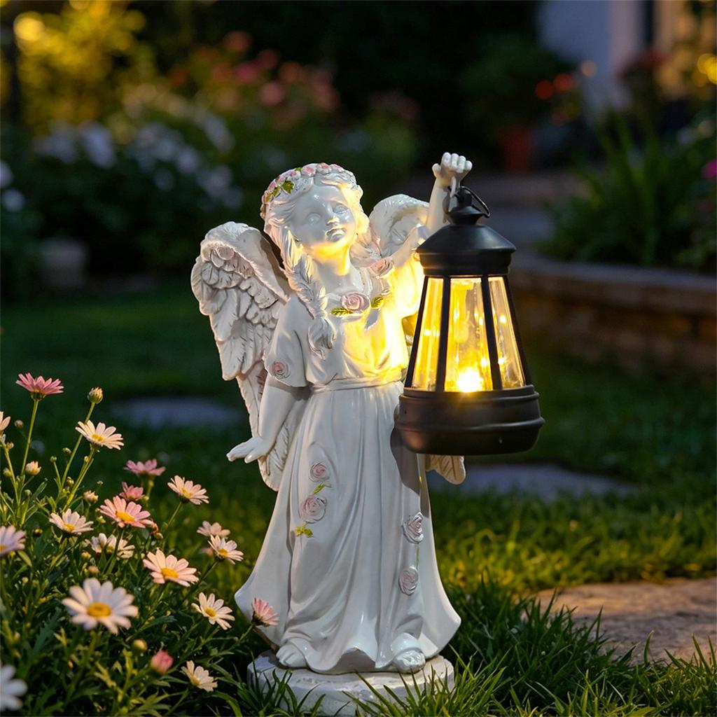 Outdoor Garden Angel Statue with Lantern Solar Powered Resin Craft Decorative Sculpture for Yard Patio Lawn Home Accent