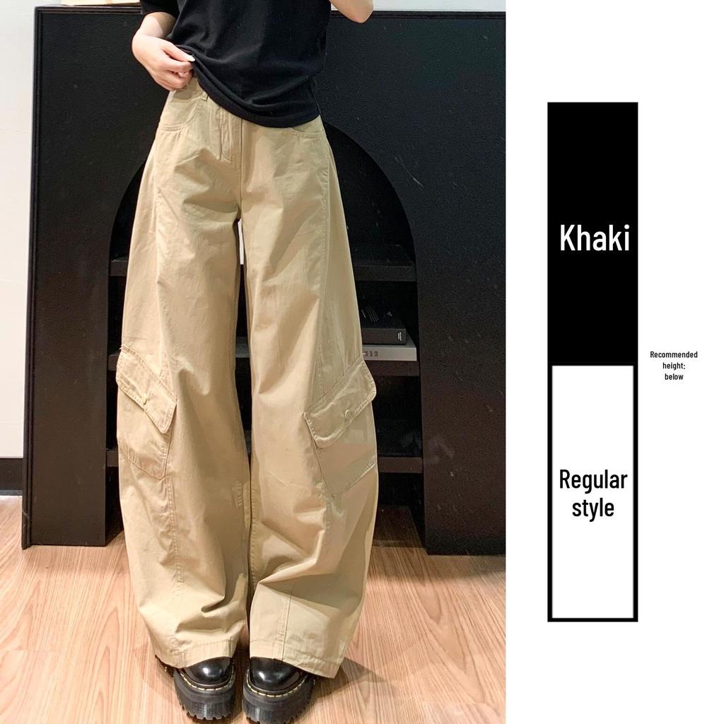 Women's Army Green High-Waisted Wide-Leg Cargo Pants - Petite, Loose-Fit, Slimming, Casual Spring 2026 Style