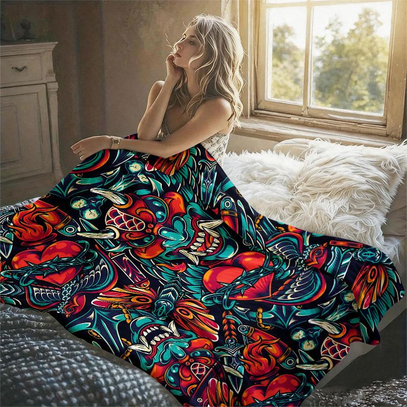 Old School Demon Tattoo Flannel Blanket Warm Soft Halloween Christmas Decorative Couch Warm Cozy All-Season Gift