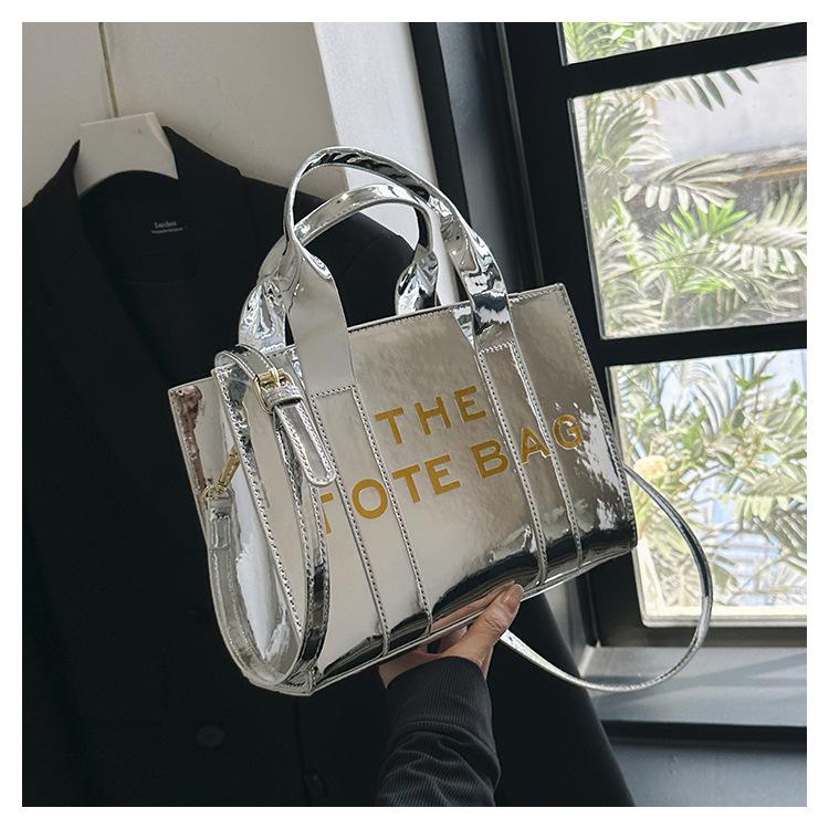 2023 Shiny Patent Leather Lettering Tote Bag for Women - Single Shoulder and Crossbody