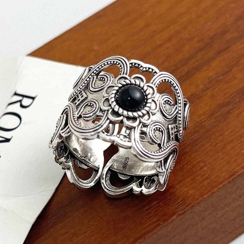 925 Sterling Silver Rings For Women Geometric Fine Jewelry Adjustable Simple Wide Black Stone Retro Ring For Party Birthday Gift