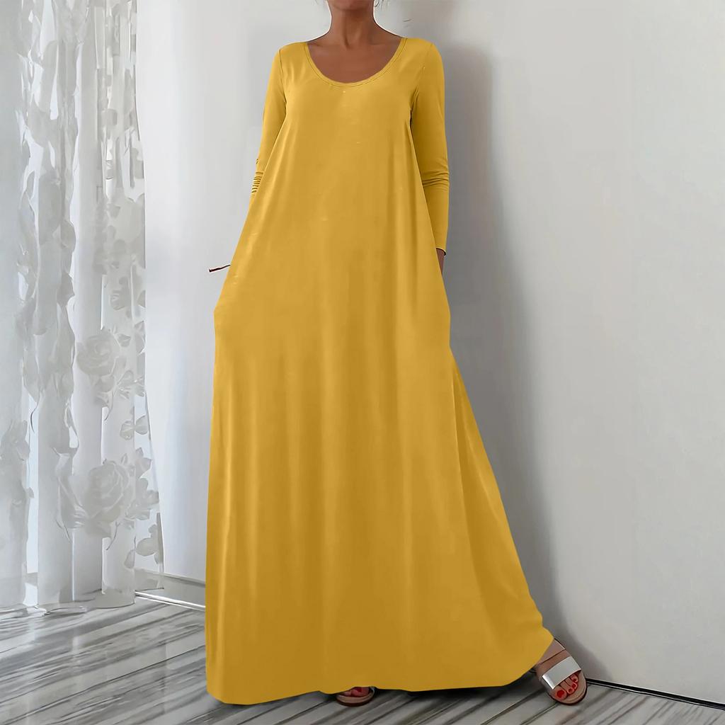 Women's Fashionable Solid Color V Neck Long Sleeved Casual Loose Fitting Pullover Long Dress