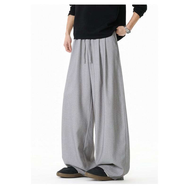 Mens Loose Draped Double Pleated Waist Straight Casual Long Trousers