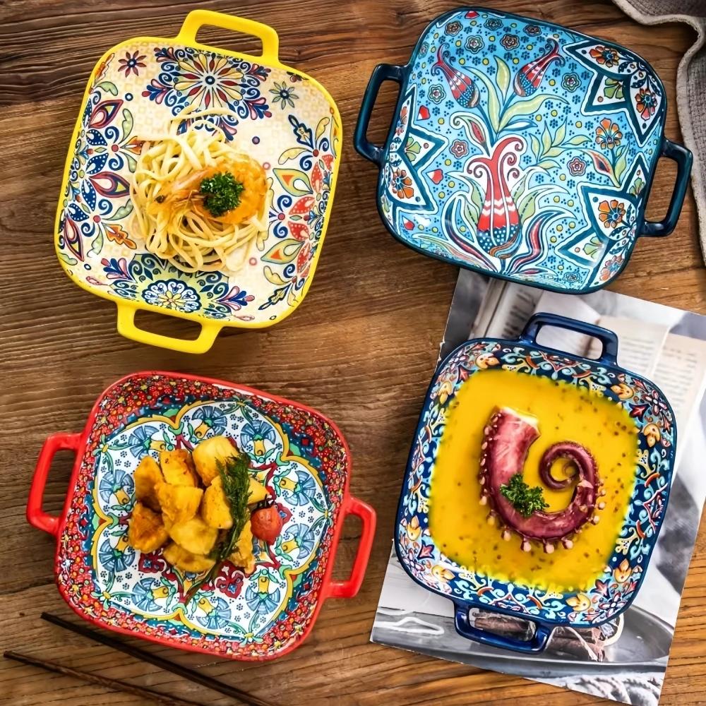 1 Piece of 9-inch Bohemian Style Salad Plate with Double Ear Ceramic Pasta Dish, Can Be Used for Oven, Microwave