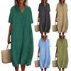 Women's V-Neck Casual Dresses Beach Holiday Color Vacation Leisure Dresses Loose Cotton Linen Shirt Dress