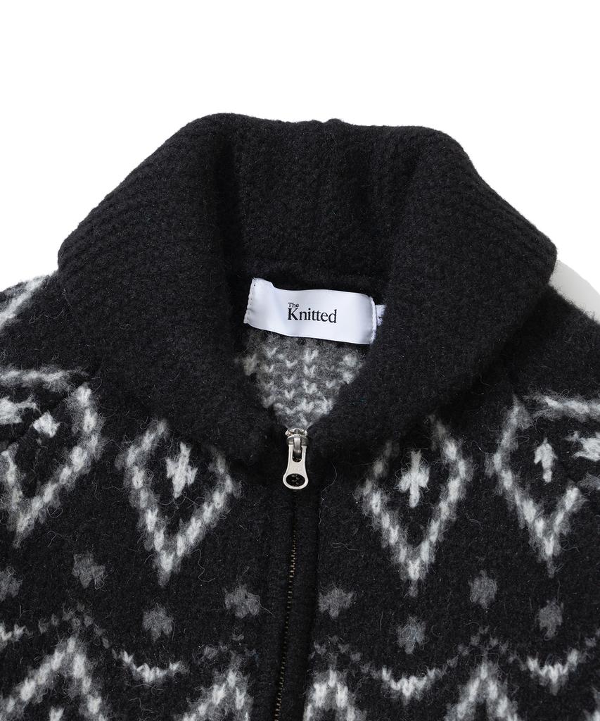 Knitted Bulky Wool Diamond Zip-Up Black