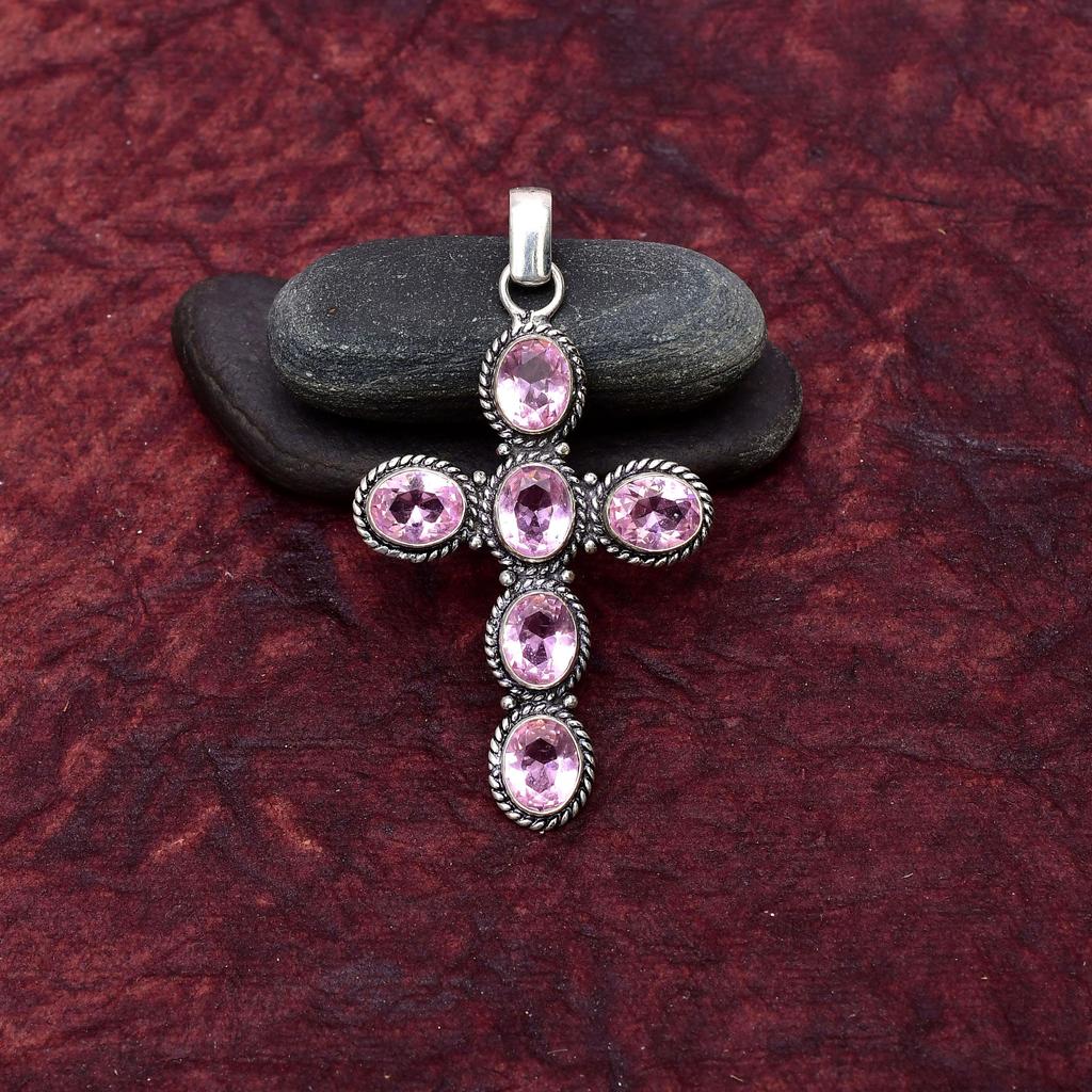 Pink Kunzite Gemstone Cross Shape Pendant Gemstone : 925 Sterling Silver Handmade Jewelry Pendant