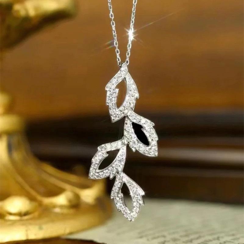 Leaf Branch Crystal Pendant Necklace for Women, Elegant Silver Tone Sparkling Statement Necklace, Nature Inspired Jewelry