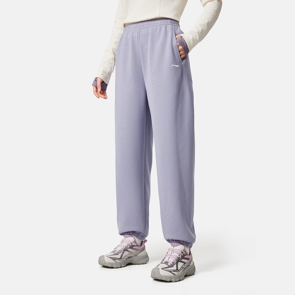 Li-Ning Solid Color Elastic Waist Mid Rise Versatile Cuffed Casual Pants Women bottoms AKLV964-5