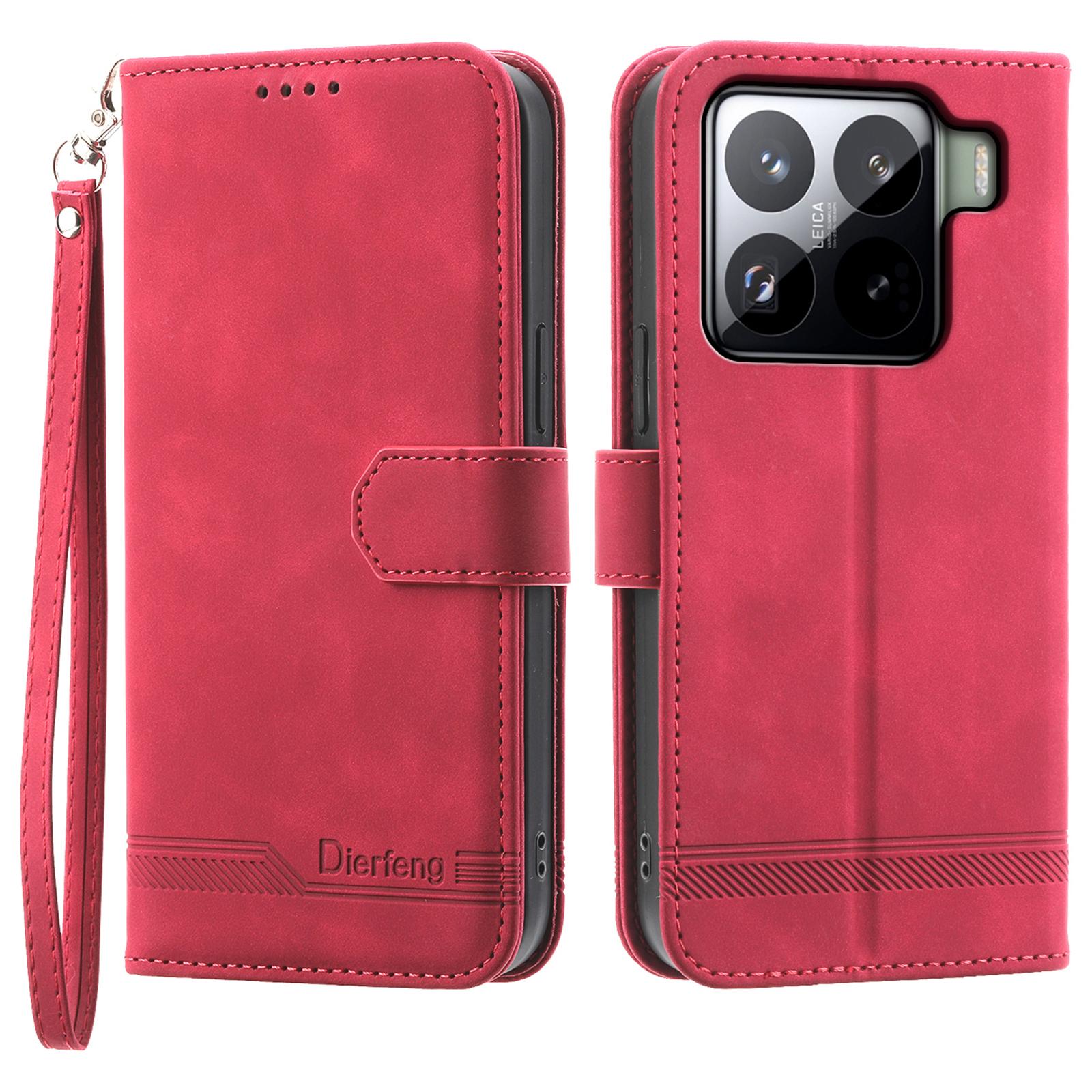 

DIERFENG DF-03 Кожаный чехол для Xiaomi 15 Pro с тиснением линий, кошелек, чехол для телефона Red