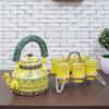 Handcrafted & Handpainted Multicoloured Aluminium Tea Kettle Pot and 6 Glasses with Stand (Yellow, Green, Brown)