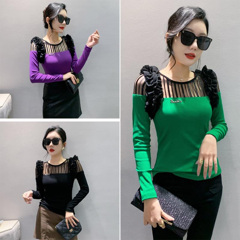 Women's Slimming Lace Shoulder Long Sleeve T-Shirt