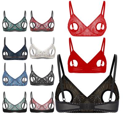 Womens Hollow Out Lace Bra Top Adjustable Spaghetti Straps Sheer Panels Club Rave Wear