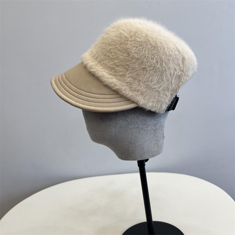 Rabbit Fur Knitted Splicing Leather Brim Equestrian Hat Autumn and Winter Women's Literary and Artistic Face Small Peaked Cap Tide