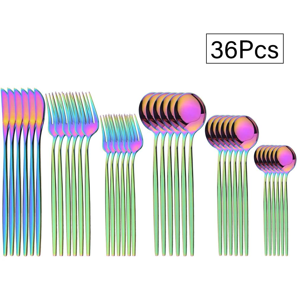 36Pcs Black Cutlery Sets Stainless Steel Knife Fork Spoon Tableware Dessert Mirror Flatware Set Festival Kitchen Dinnerware Gift