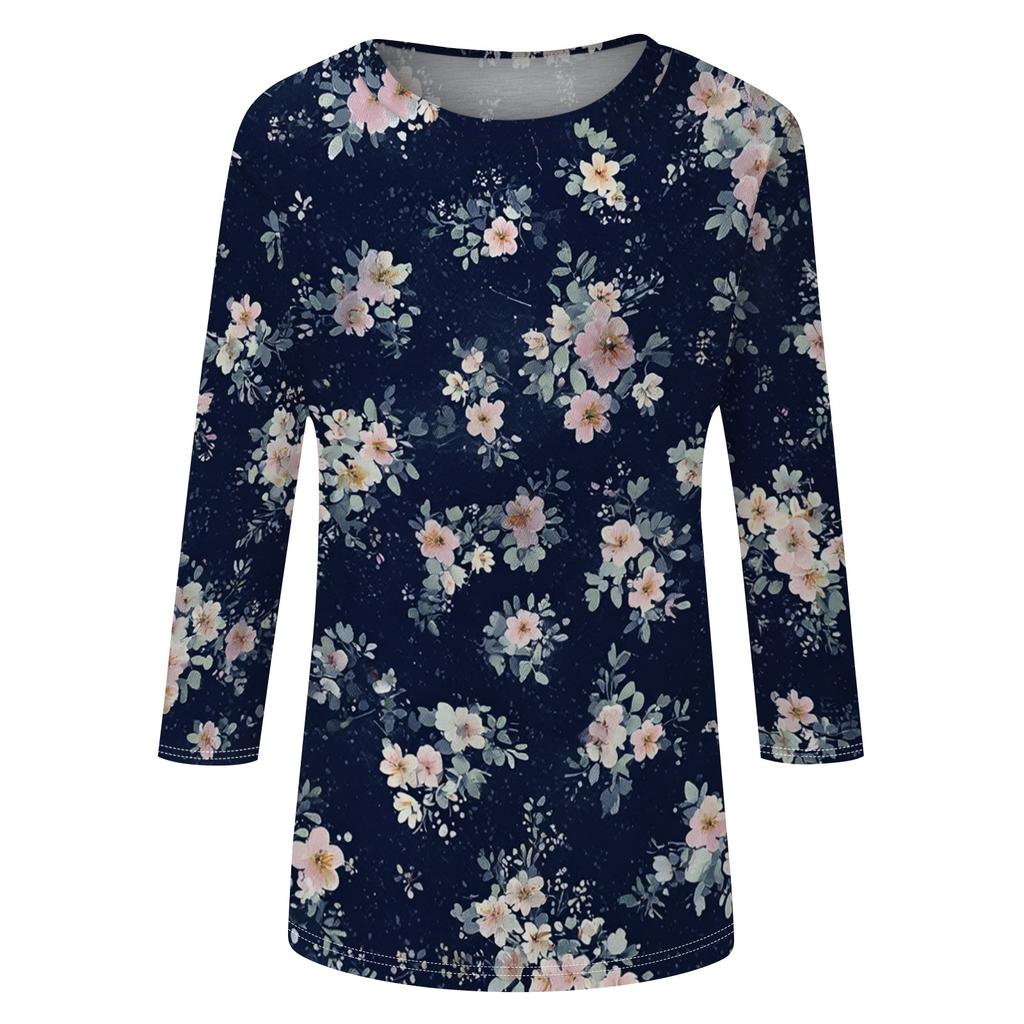 Women's Casual Floral Print Three Quarter Sleeve Crew Neck Top Lightweight Soft Fabric Comfortable Fit Daily Wear