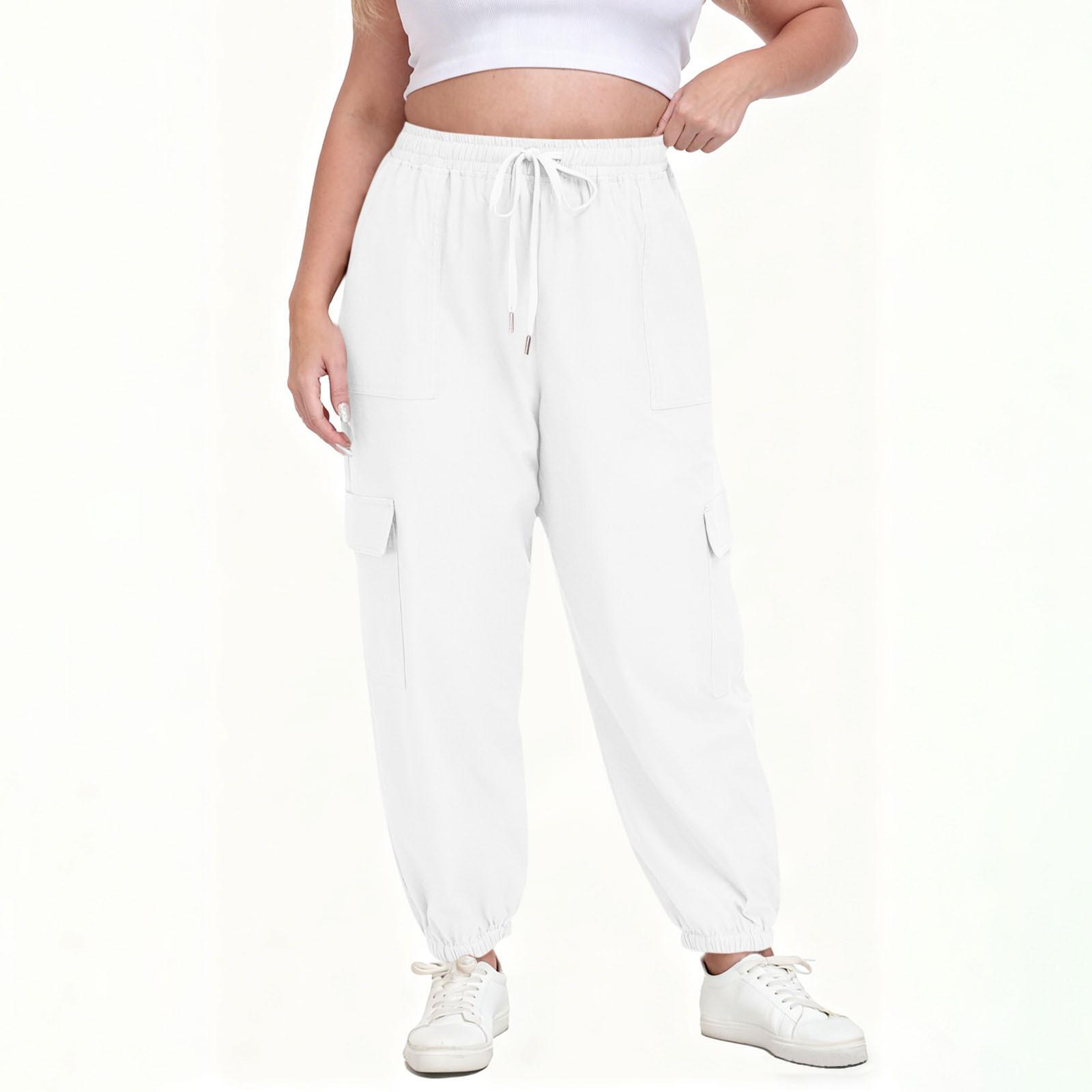 

Women s Plus-Size Fashion Loose-Fit -Color Multi-Pocket Casual Drawstring Work Pants XL білий