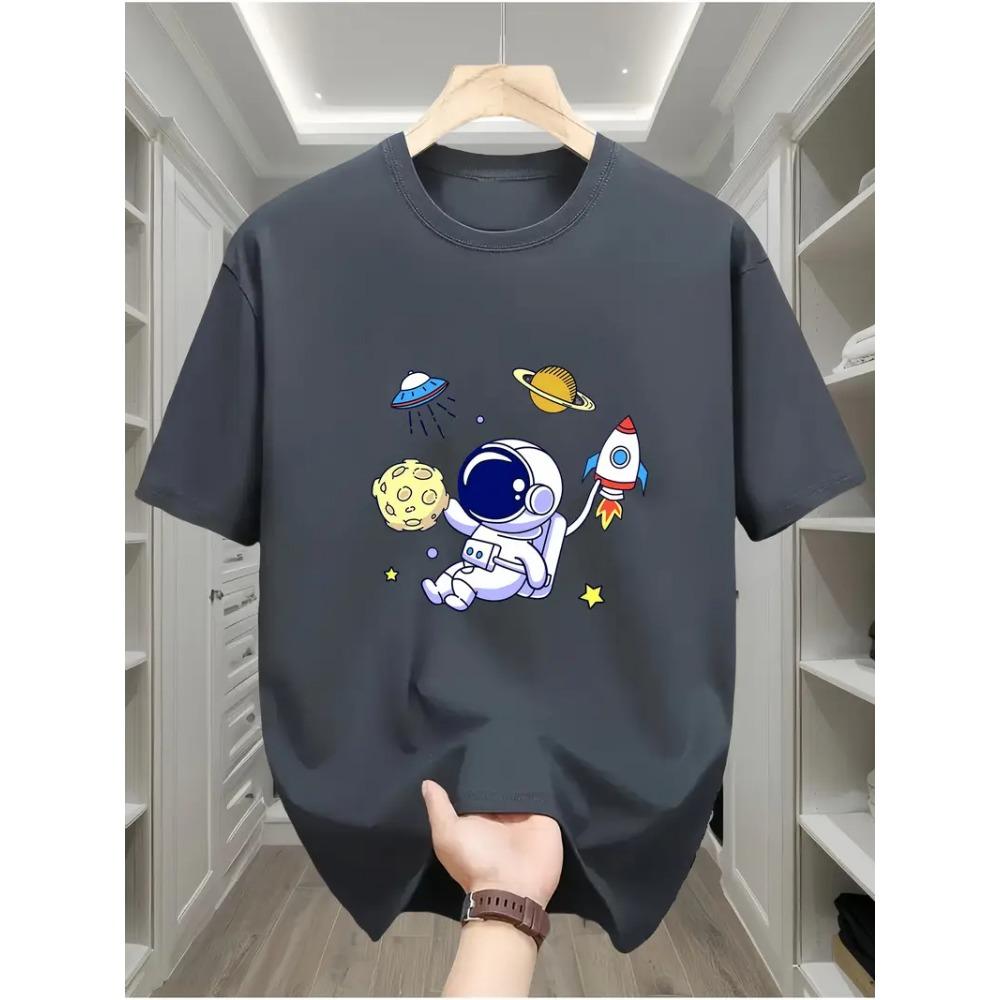 Men's Casual Cotton T-Shirt with Astronaut and Planets Print Short Sleeve Crew Neck Comfortable Sportswear Top