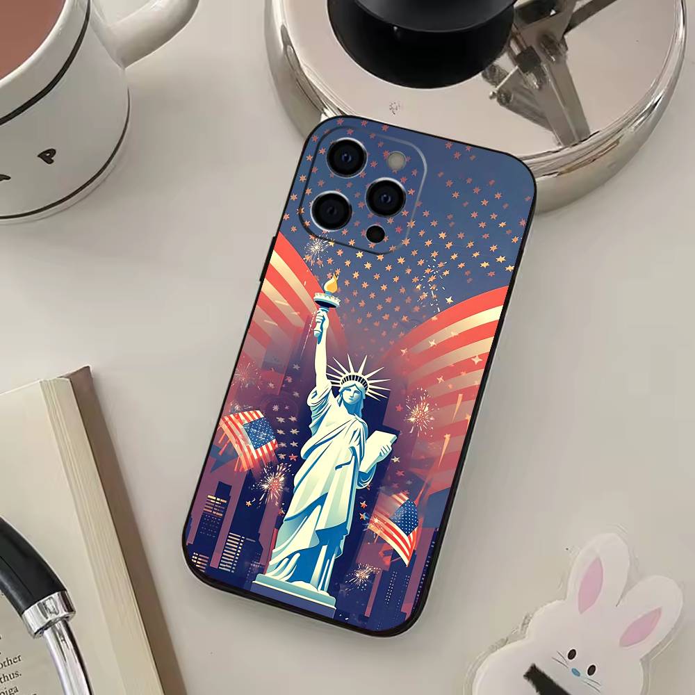 Statue Liberty America USA Flag Phone Case For iPhone 17,16,15,14,13,12,11 Plus,Pro Max,XS,Soft Black Cover
