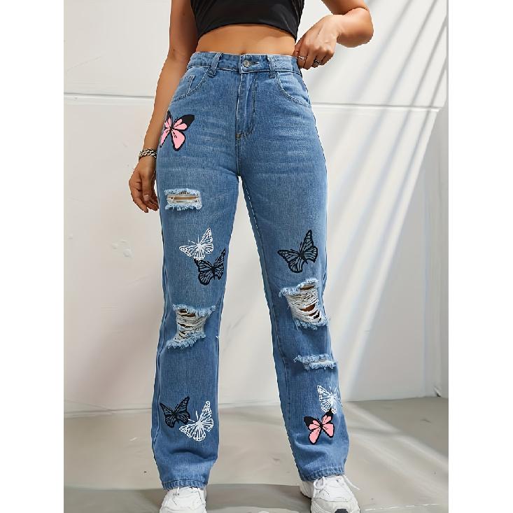 Women'S High Waist Button Up Butterfly Print Jeans Fashion Casual Straight Pants For Women Spring Summer Chic Ripped Jeans