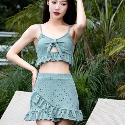 Multi-color Korean New Solid-color Girl Swimsuit Pure Desire Wind Bath Hot Spring Three-piece Skirt Split Bikini