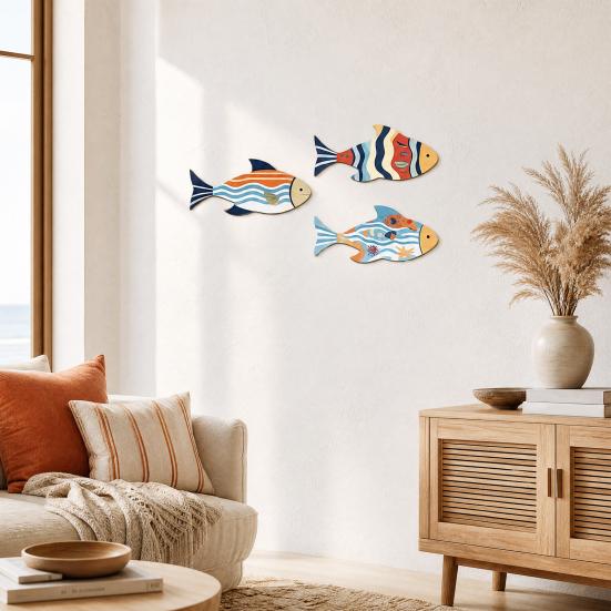 3 Pcs Vintage Beach Wooden Fish Wall Decor, Nautical School of Fish Coastal Wall Art, Summer Lake House Hanging Wall Sculpture