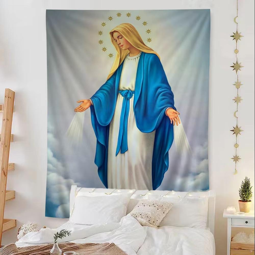 VIKAMA Scandinavian Icon Tapestry Virgin Mary Hand Painted Halo Clouds Starburst Church Meditation Room Bedroom Religious Art