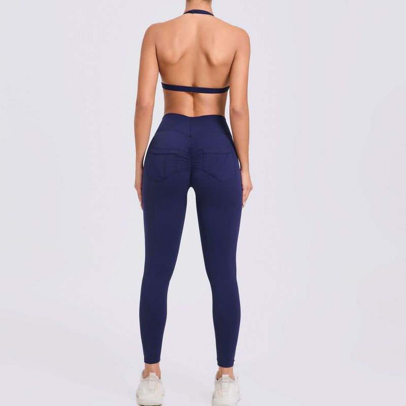 

Fashion Halter Bra Pocket Pants Yoga Suit Tight Beauty Back Quick-Drying Workout Clothes Outdoor Running Two-Piece Suit Navy S