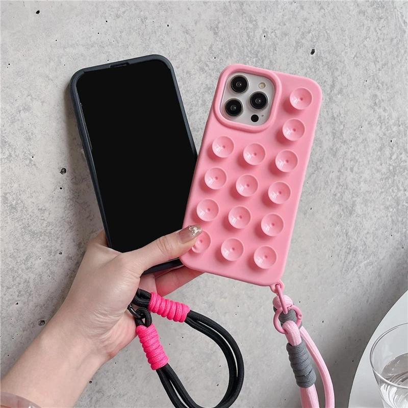 Für iPhone 16 Pro Max Luxus Saugnapf Airbag mit Lanyard Telefon Fall für iPhone 12 13 14 15 Plus Soft Frame Schutzhülle