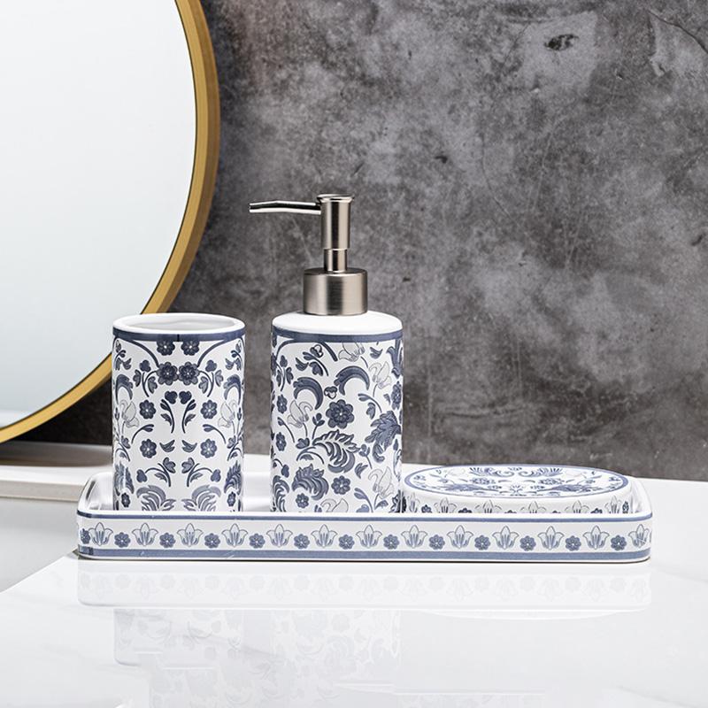 4pcs/set Floral Pattern Bathroom Refillable Liquid Soap Container Creative Ceramic Wash Set Accessories
