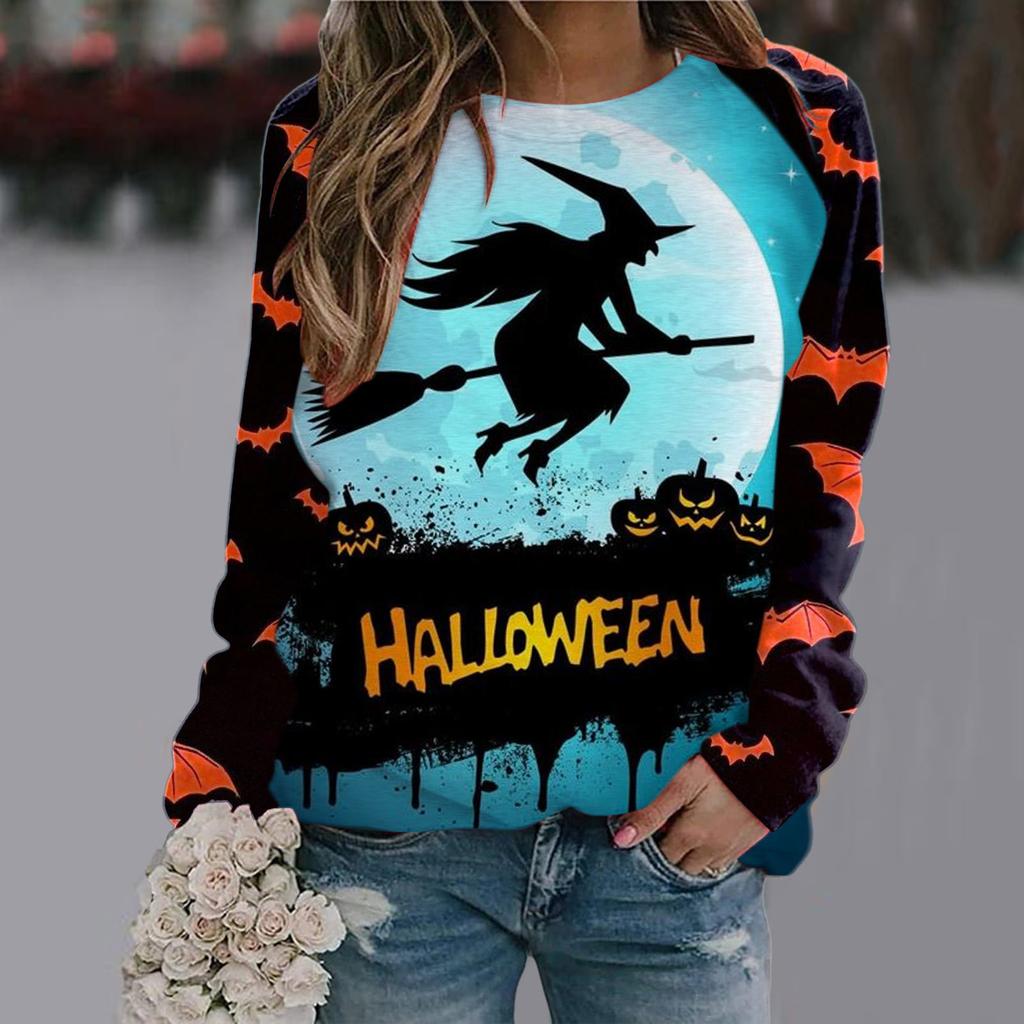 Spring and Autumn Round Neck Halloween 3D Printed Top Fashionable Casual Long Sleeved Women's T-shirts