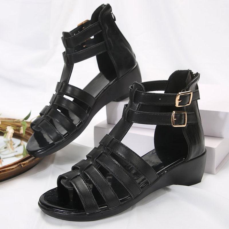Sandali estivi da donna con plateau e zeppa, punta tonda, sandali aperti, scarpe da spiaggia da donna con cinturino con fibbia, sandali beige da donna