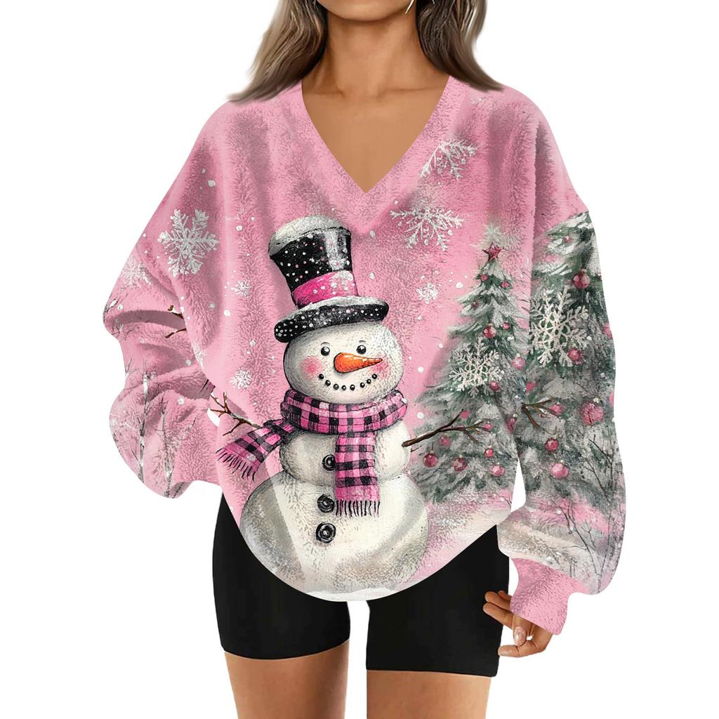 Women's Fashionable V-neck Christmas Printed Long Sleeved Casual Pullover Plush Warm Sweatshirt Top