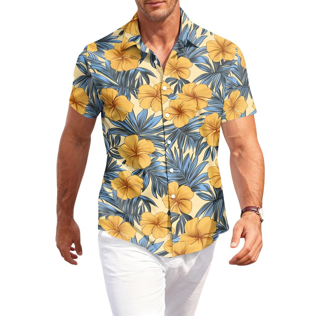 Men's Casual Loose Fit Short Sleeve Hawaiian Shirt Lightweight Breathable Button Down Beach Shirt with Tropical Palm Tree and Shell Print