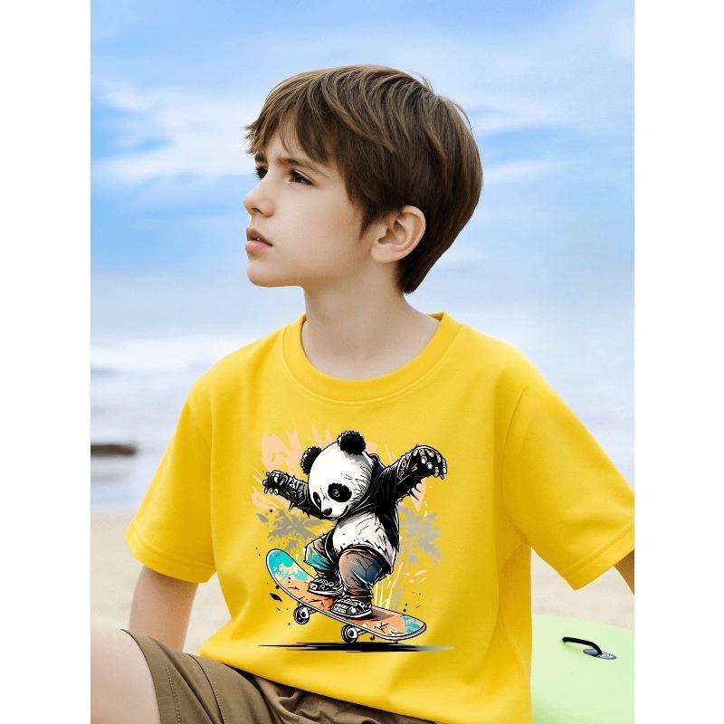European Sizes Boys' T-Shirt Panda Skateboarding Action Graffiti, Ideal for Outdoor Activities, Soft Knitted Top, Comfortable And Breathable