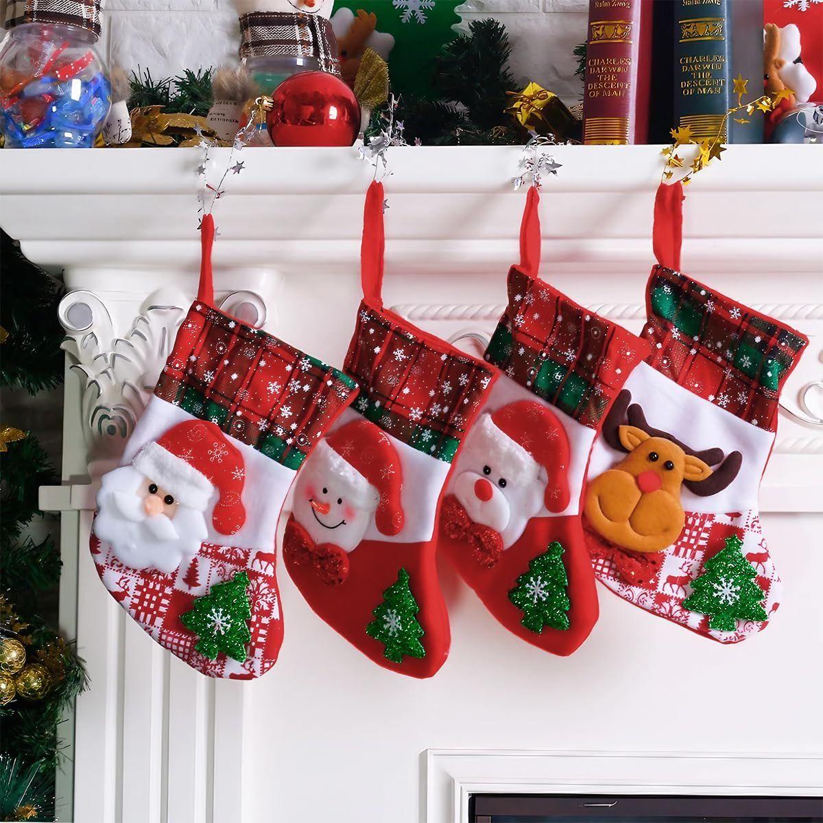 

4Pcs Christmas Decorations Stockings Red Large Santa, Snowman, Bear, Reindeer Hanging Christmas Stockings Set Christmas Gifts Stocking