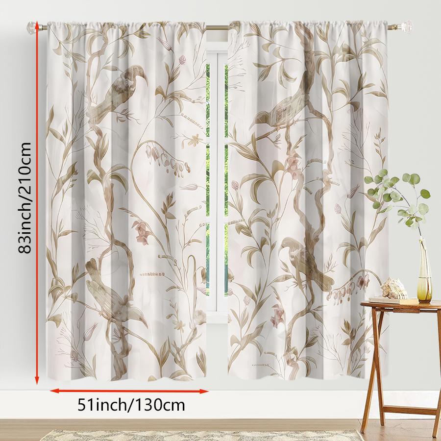 2pcs  Flowers   birds   branches   leaves   curtains   fresh rural style   living room   bedroom   pull rod pocket   window decoration