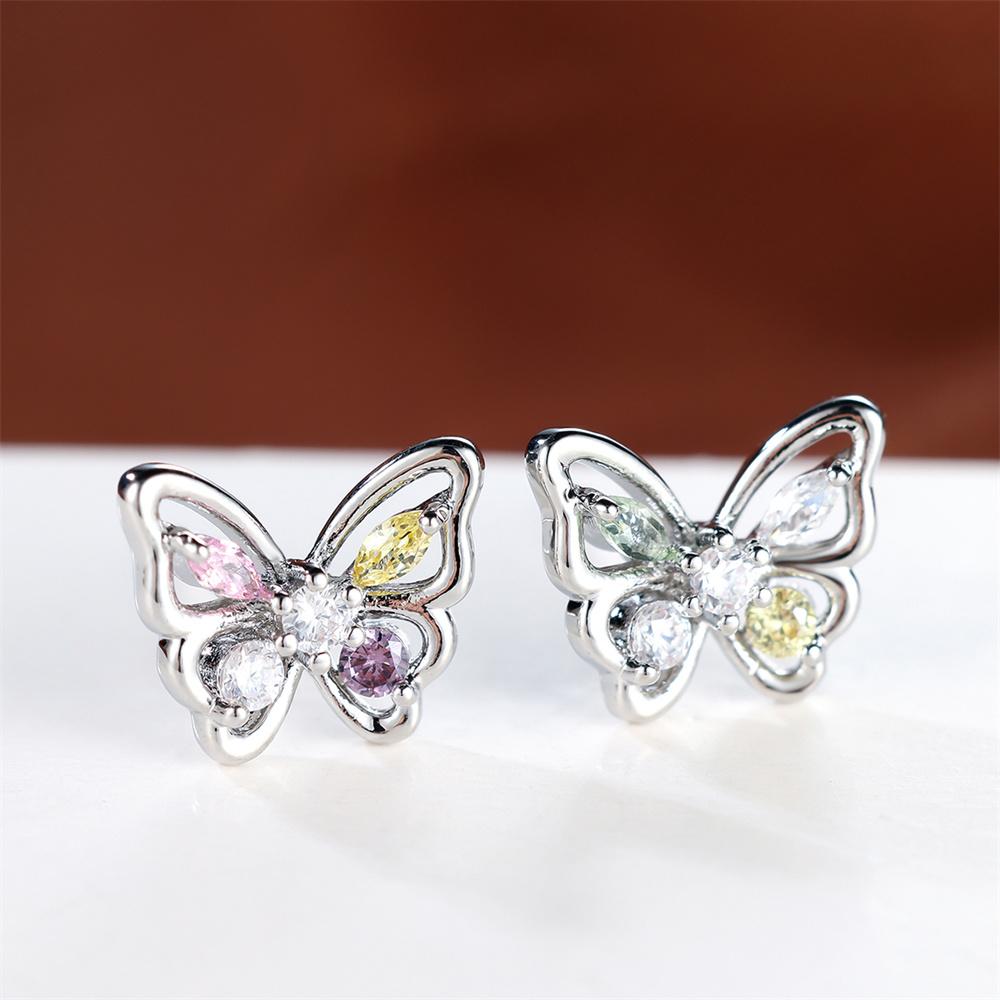 Cute Small Butterfly Multicolor Tiny Zircon Stud Earrings For Women Vintage Silver Color Wedding Earring Valentine Jewelry Gifts
