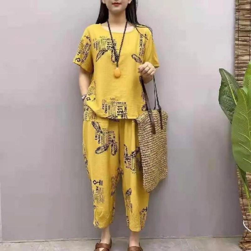 Popular Summer Hemp Short-sleeved Mother's Clothing for Middle-aged and Elderly People, Large Size, Casual, Western Style, Loose Two-piece Trendy Suit