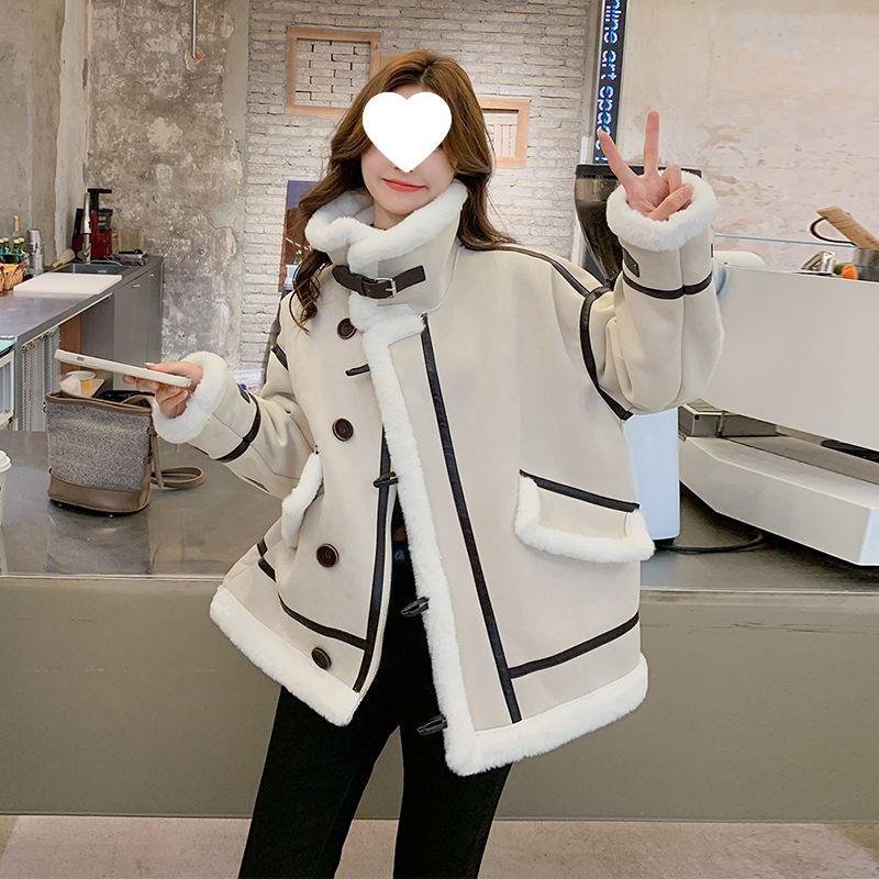 

Женская мотоциклетная куртка из бархата, замши и меха с плюшем из овечьей шерсти, нишевое хлопковое пальто для осени/зимы от Хуан Чжиань XL [120-135 lbs]