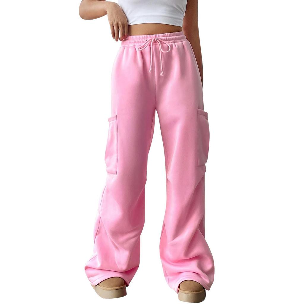 Women's Casual Fashion Solid Color Elastic Waist Drawstring Pocket Wide-Leg Straight-Cut Joggers
